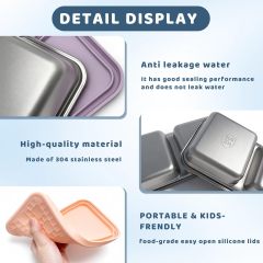 Snack Containers with Silicone Lids,Stainless Steel Reusable Metal Snack Containers with Silicone Lids, 2 Compartment Stackable Metal Toddler Lunch Box for Kids