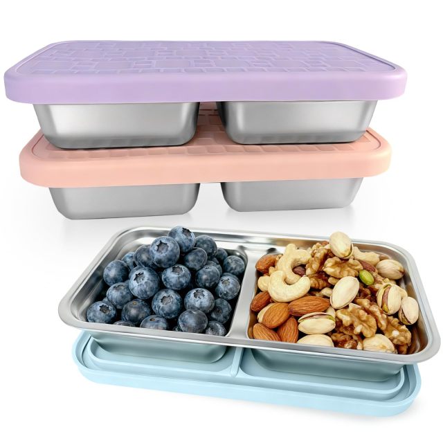 Snack Containers with Silicone Lids,Stainless Steel Reusable Metal Snack Containers with Silicone Lids, 2 Compartment Stackable Metal Toddler Lunch Box for Kids