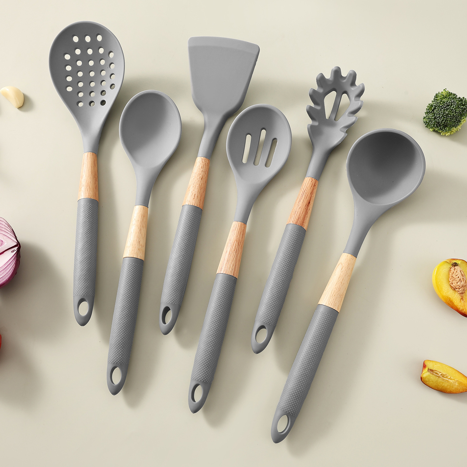 Silicone Cooking Utensils Set with Wood Handles,Silicone Cooking Utensils Set 6 Piece – Heat Resistant up to 480°F, BPA Free & Non-Scratch Kitchen Tools with Natural Wood Handles
