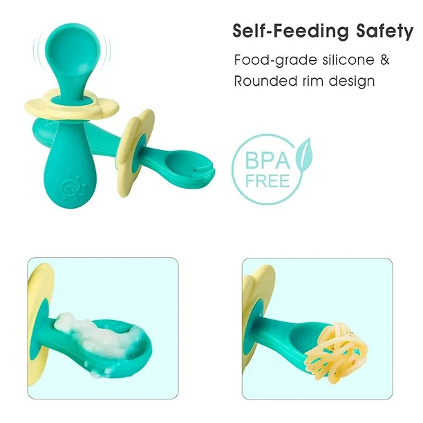 Hot Selling Silicone Spoon and Fork Set,Hot Selling Silicone Spoon and Fork Set, Baby Weaning Utensils for First Stage 6 Months+ with Anti-Choke Barrier