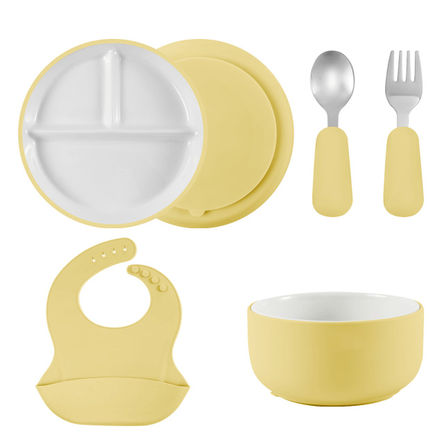 Baby Anti Slip Silicone Sleeve Porcelain Kid Plate,Baby Anti Slip Silicone Sleeve Porcelain Kid Plate,Bowl Set with Suction, Ceramic Toddler Divided Plate Feeding Set for Baby