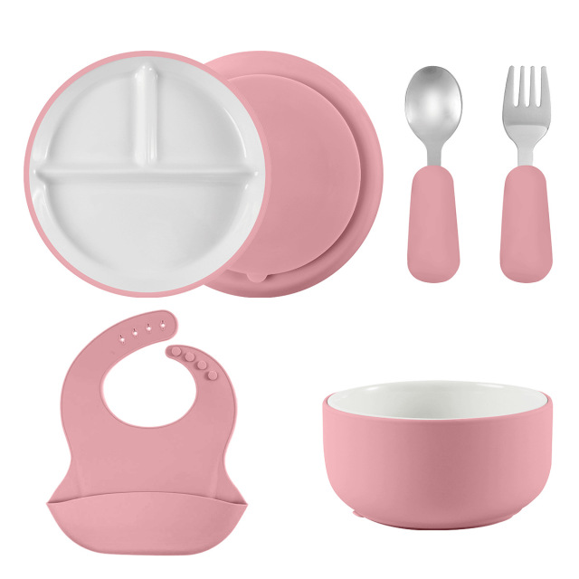 Baby Anti Slip Silicone Sleeve Porcelain Kid Plate,Baby Anti Slip Silicone Sleeve Porcelain Kid Plate,Bowl Set with Suction, Ceramic Toddler Divided Plate Feeding Set for Baby