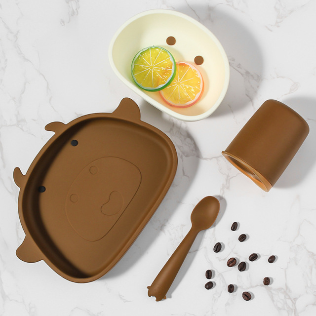 Silicone Baby Cute Feeding Tableware Set,Silicone Baby Cute Feeding Tableware Set, Divided Suction Plate,Bowl,Cup and Spoon,Baby Weaning Set for Babies