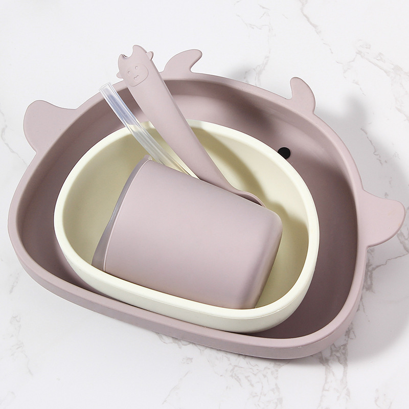 Silicone Baby Cute Feeding Tableware Set,Silicone Baby Cute Feeding Tableware Set, Divided Suction Plate,Bowl,Cup and Spoon,Baby Weaning Set for Babies