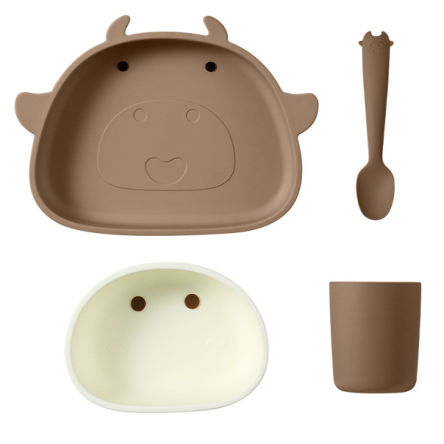 Silicone Baby Cute Feeding Tableware Set,Silicone Baby Cute Feeding Tableware Set, Divided Suction Plate,Bowl,Cup and Spoon,Baby Weaning Set for Babies