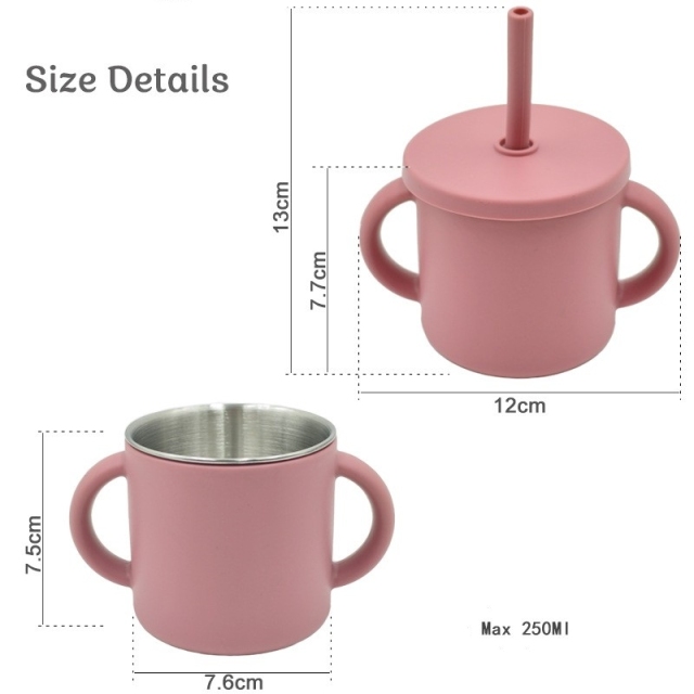 Silicone Straws Durable Stainless Steel 2-in-1 Drinking Cups for Kids,With Handle Easy to Grip Dishwasher Safe Kid Cups Silicone Straws Durable Stainless Steel 2-in-1 Drinking Cups for Kids