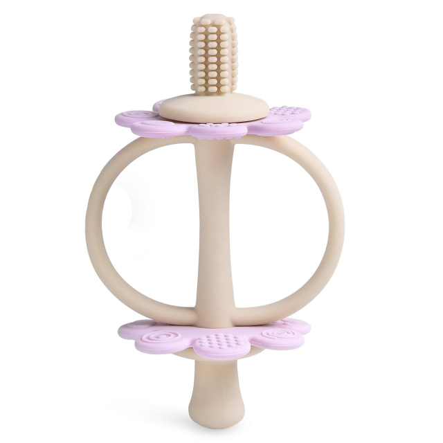 Silicone Twin Flower Teether for 3M+ Babies,Silicone Twin Flower Teether for 3M+ Babies, Easy to Grip, | Nipple-Shaped End for Gum Massage, 360° Baby Toothbrush Head for Self-Brushing Training