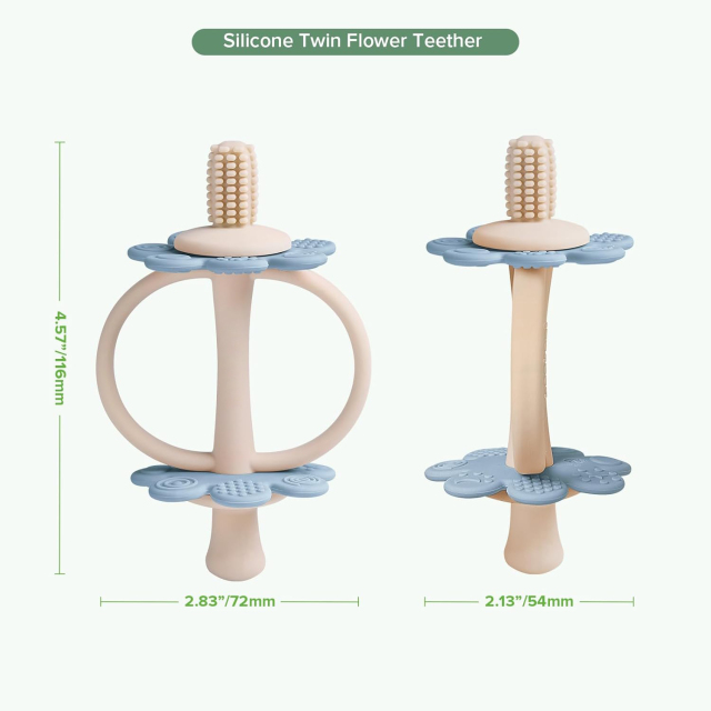 Silicone Twin Flower Teether for 3M+ Babies,Silicone Twin Flower Teether for 3M+ Babies, Easy to Grip, | Nipple-Shaped End for Gum Massage, 360° Baby Toothbrush Head for Self-Brushing Training