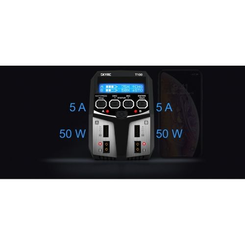 SKYRC T100 DUAL Balance Charger Discharger for LiPo/LiIon/LiFe/LiHV Battery 2-4S 2x50W 5A