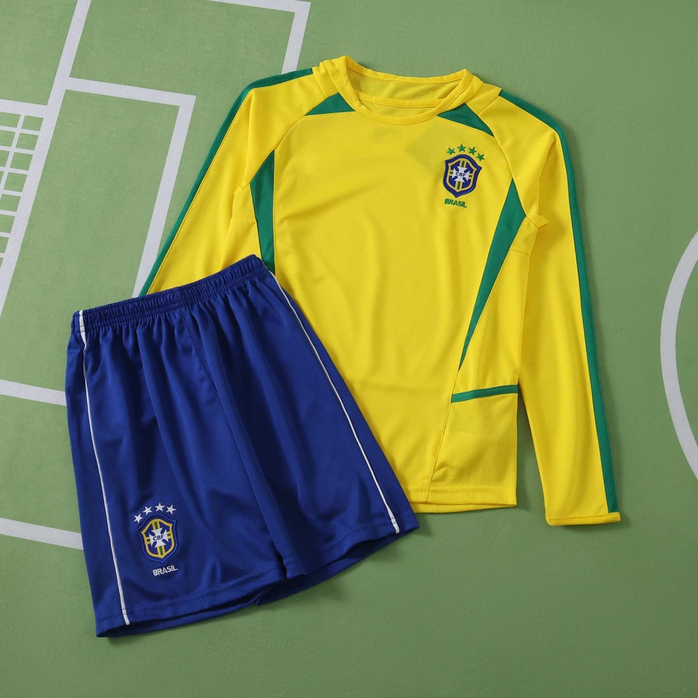 2002 Brazil home retro Long sleeves Kids kit