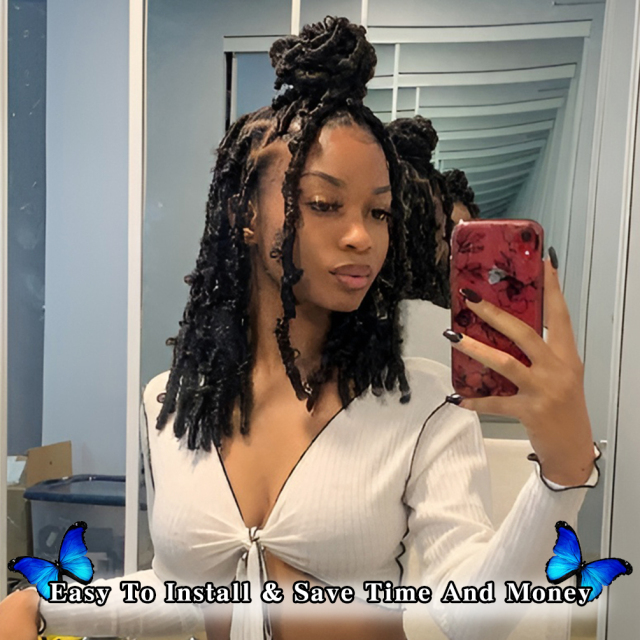 ISWEET Butterfly Locs Crochet Hair 8 Packs 96 Strands - 12 Inch #1B Short Soft Handmade Distressed Synthetic Braids Pre Looped Locs Crochet Hair for Black Women