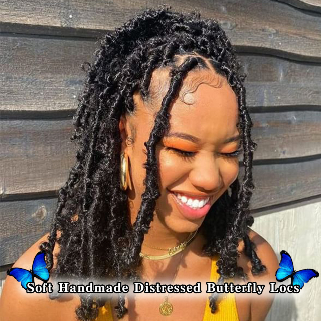 ISWEET Butterfly Locs Crochet Hair 8 Packs 96 Strands - 12 Inch #1B Short Soft Handmade Distressed Synthetic Braids Pre Looped Locs Crochet Hair for Black Women