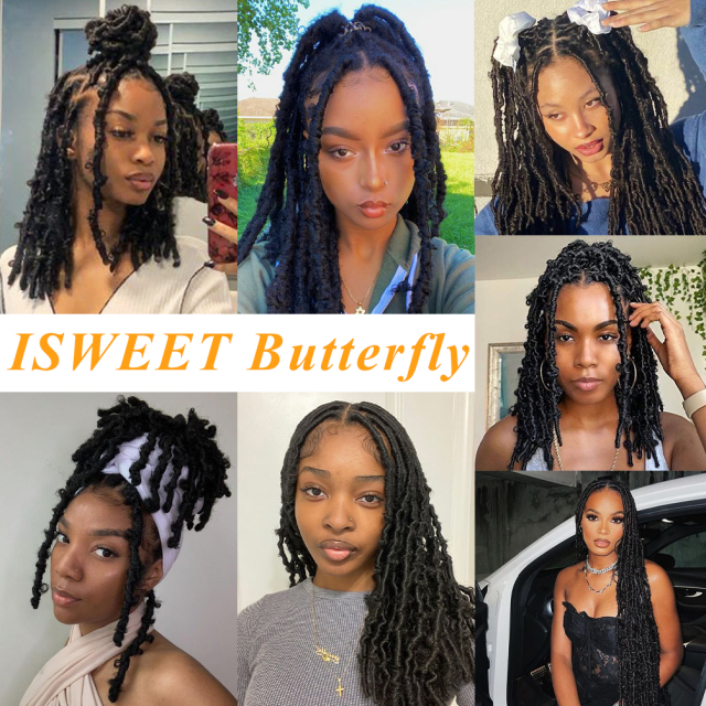 ISWEET Butterfly Locs Crochet Hair 8 Packs 96 Strands - 18 Inch #1B Short Soft Handmade Distressed Synthetic Braids Pre Looped Locs Crochet Hair for Black Women