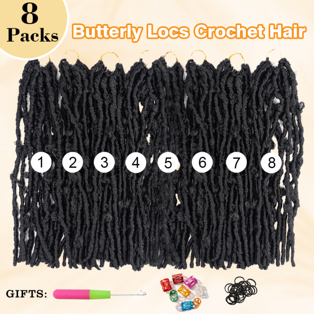 ISWEET Butterfly Locs Crochet Hair 8 Packs 96 Strands - 18 Inch #1B Short Soft Handmade Distressed Synthetic Braids Pre Looped Locs Crochet Hair for Black Women