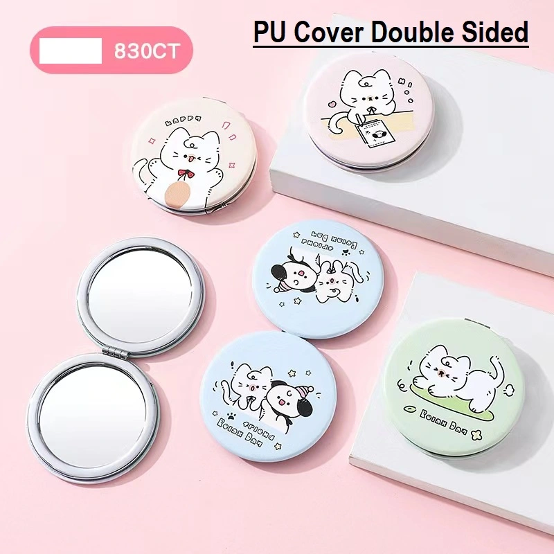 Compact Mirror for Purse, Double-Sided 1X/2X Magnifying PU Artifical Leather Pocket Makeup Mirrors (Round, Different Patterns)
