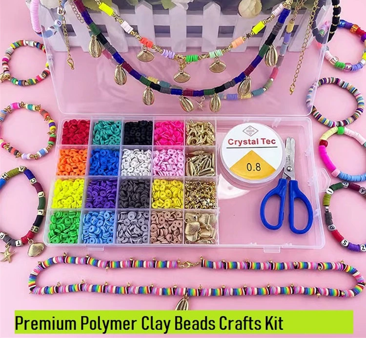 3200Pcs Clay Beads for Bracelet Making, 16 Colors Flat Round Polymer Clay Beads, Bohemian Style with Pendant Charms Kit and Elastic Strings for Jewelry Making Kit Bracelets Necklace
