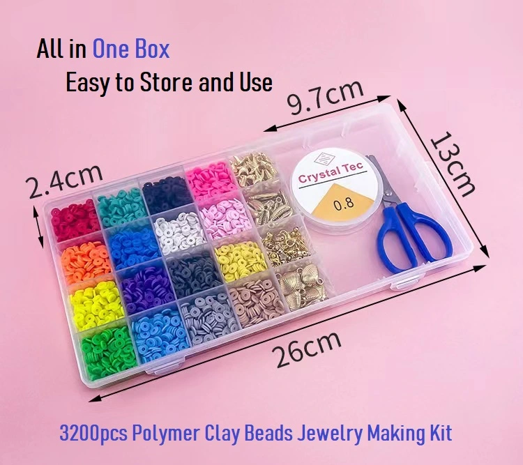 3200Pcs Clay Beads for Bracelet Making, 16 Colors Flat Round Polymer Clay Beads, Bohemian Style with Pendant Charms Kit and Elastic Strings for Jewelry Making Kit Bracelets Necklace