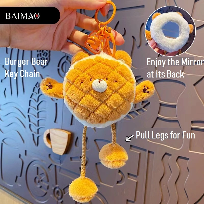 Burger Bear with Pulling Legs and Hidden Mirror Keychain Cartoon Backpack Charm Gift for Women Men Children Cute Hug Bear Keychain Car Key Metal Key Ring with Bell