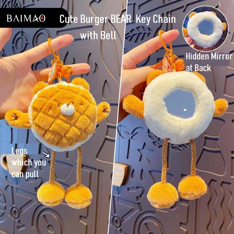 Burger Bear with Pulling Legs and Hidden Mirror Keychain Cartoon Backpack Charm Gift for Women Men Children Cute Hug Bear Keychain Car Key Metal Key Ring with Bell