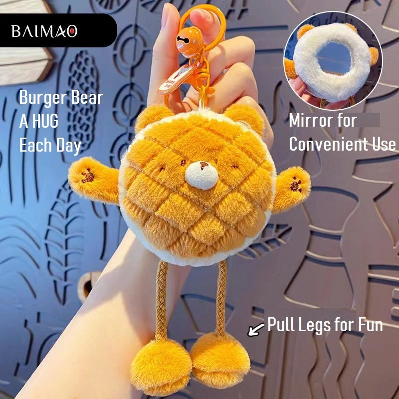 Burger Bear with Pulling Legs and Hidden Mirror Keychain Cartoon Backpack Charm Gift for Women Men Children Cute Hug Bear Keychain Car Key Metal Key Ring with Bell