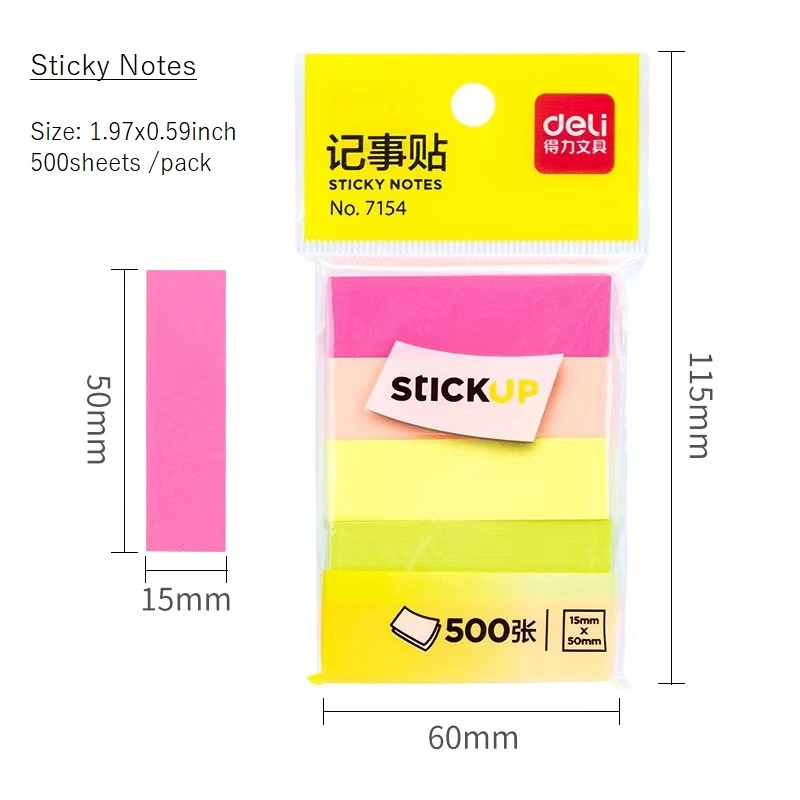 500 Sheets 5 Bright Colors Sticky Notes Pad 1.97x0.59inch Self-Adhesive Memo Paper Stickers for Classification Book Flags Tabs Strip Index Tabs, Page Tabs for Home, School and Office Supplies (Deli, 7154)