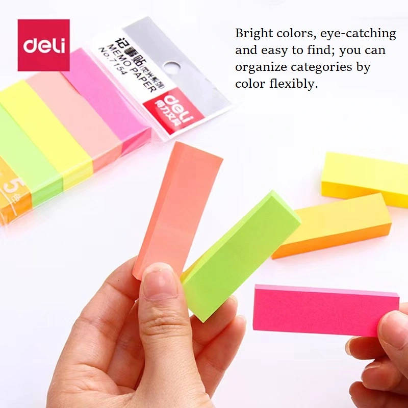 500 Sheets 5 Bright Colors Sticky Notes Pad 1.97x0.59inch Self-Adhesive Memo Paper Stickers for Classification Book Flags Tabs Strip Index Tabs, Page Tabs for Home, School and Office Supplies (Deli, 7154)