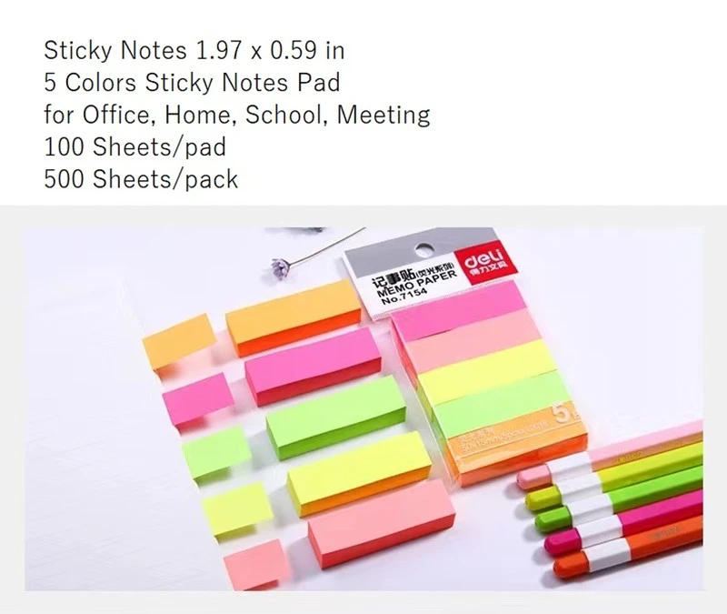 500 Sheets 5 Bright Colors Sticky Notes Pad 1.97x0.59inch Self-Adhesive Memo Paper Stickers for Classification Book Flags Tabs Strip Index Tabs, Page Tabs for Home, School and Office Supplies (Deli, 7154)