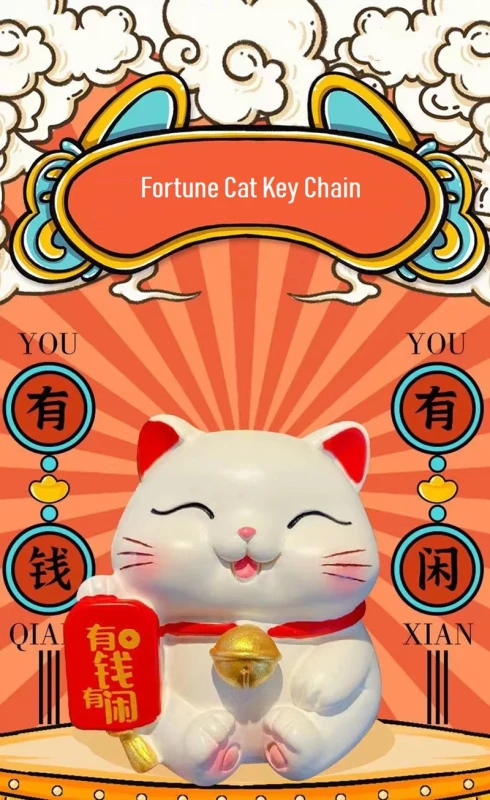 Fortune Cat Keychains Backpack Charm Gift for Women Men Children Cute Cat Resin Durable Keychain Fortune Cat Car Key Metal Key Ring with Bell (Baimao)