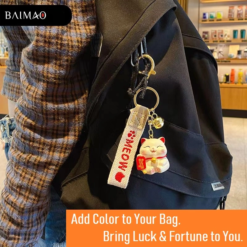 Fortune Cat Keychains Backpack Charm Gift for Women Men Children Cute Cat Resin Durable Keychain Fortune Cat Car Key Metal Key Ring with Bell (Baimao)
