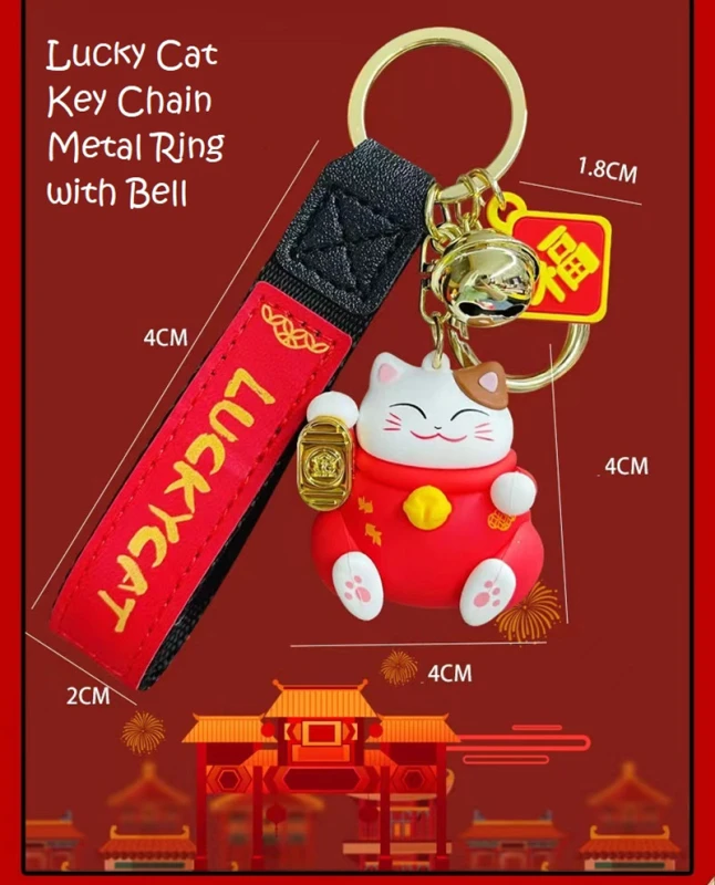 Lucy Cat Series Keychains Charm Gift for Women Men Children Durable Lucky Cat Key Chain Metal Ring with Bell 4 Models (Baimao)