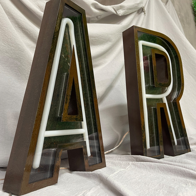 Custom Neon Light Sign with rusty finish open face cabinet