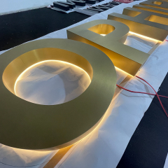 Electroplated gold backlit letters brush gold stainless steel business signs lighting outdoor use