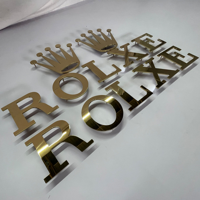 Branding 3D Signage Mirror electroplated gold flat cut letters customized stainless steel metal letters
