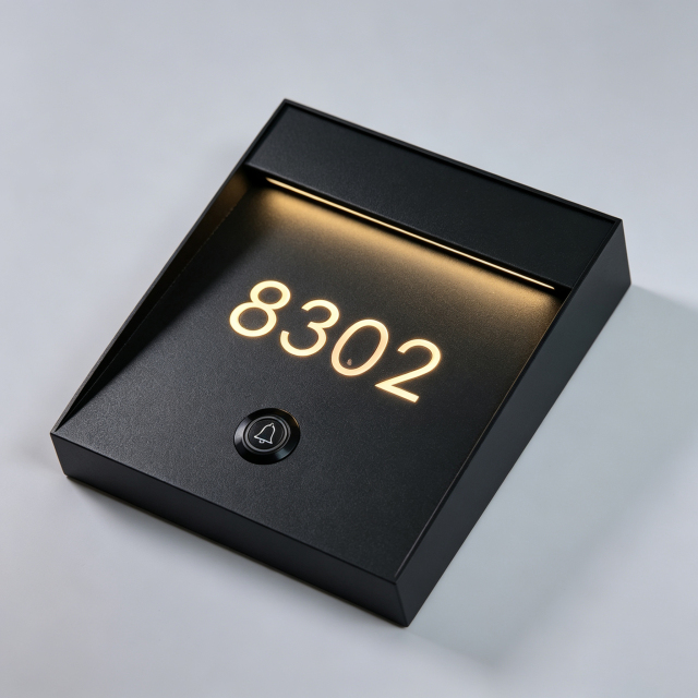 Black Angled LED Hotel Room Number Sign With Doorbell Button