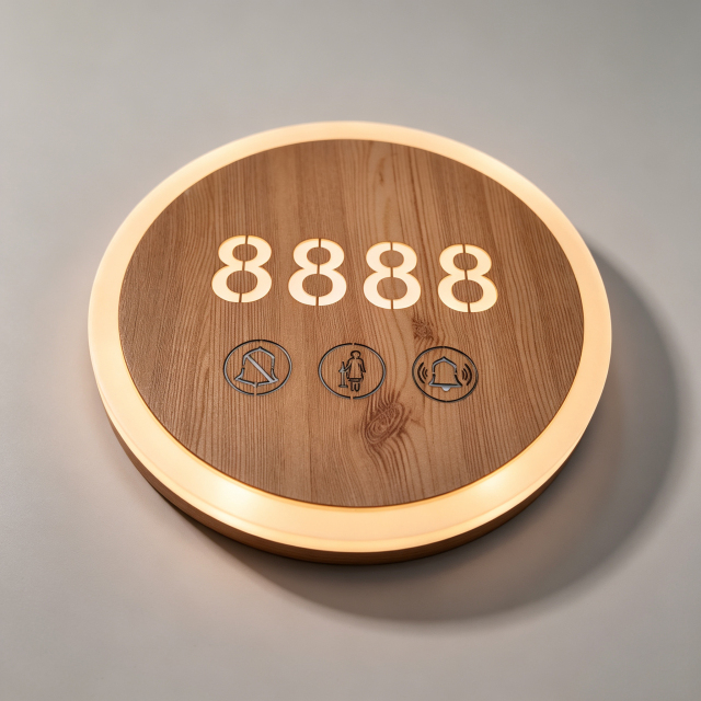 Round Backlit Wood Effect Hotel Door Number Plate
