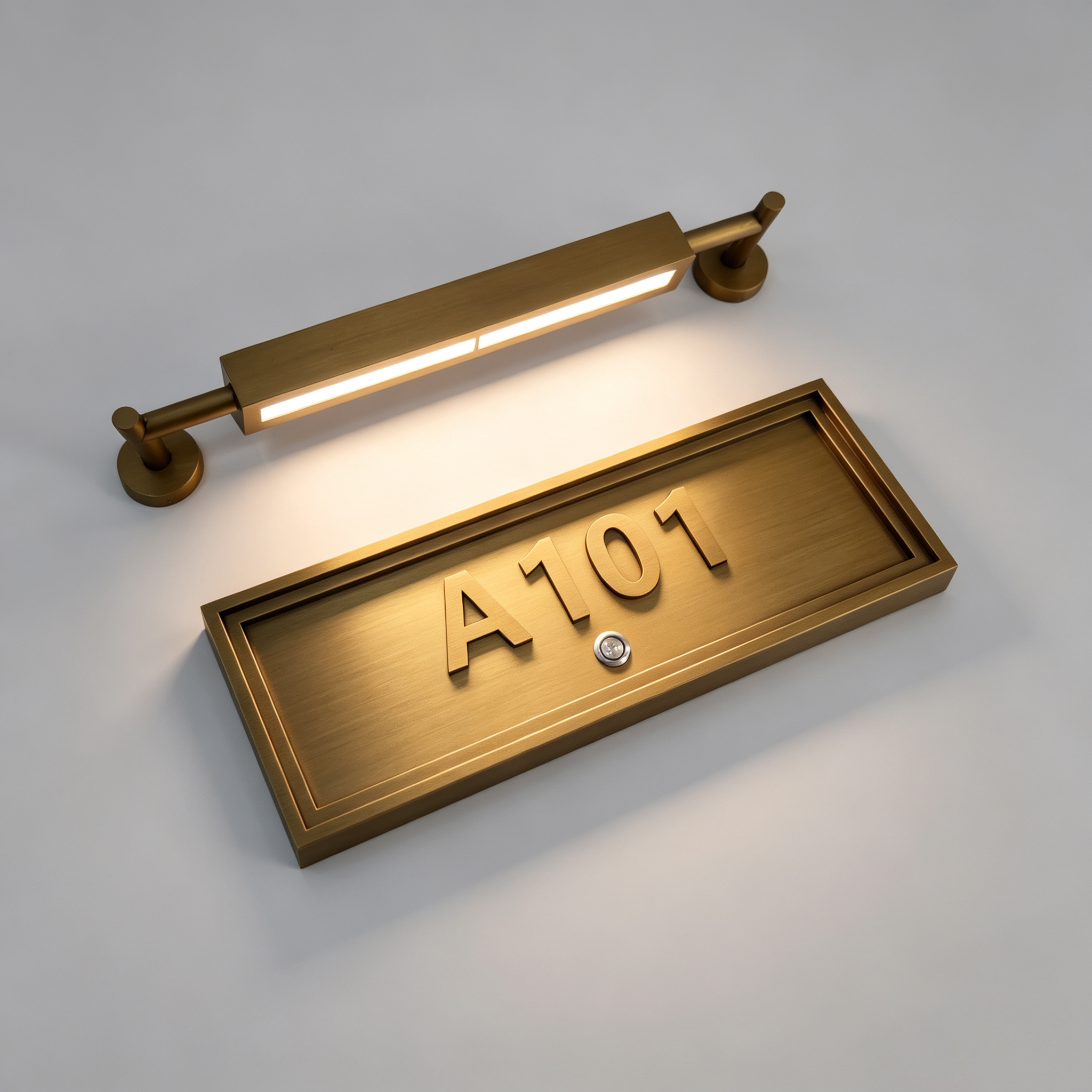 Brass Hotel Room Number Sign With Wall Lamp