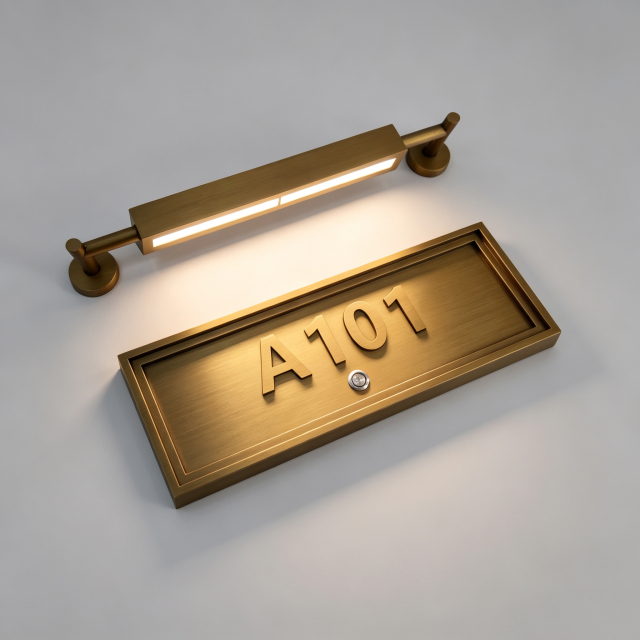 Brass Hotel Room Number Sign With Wall Lamp