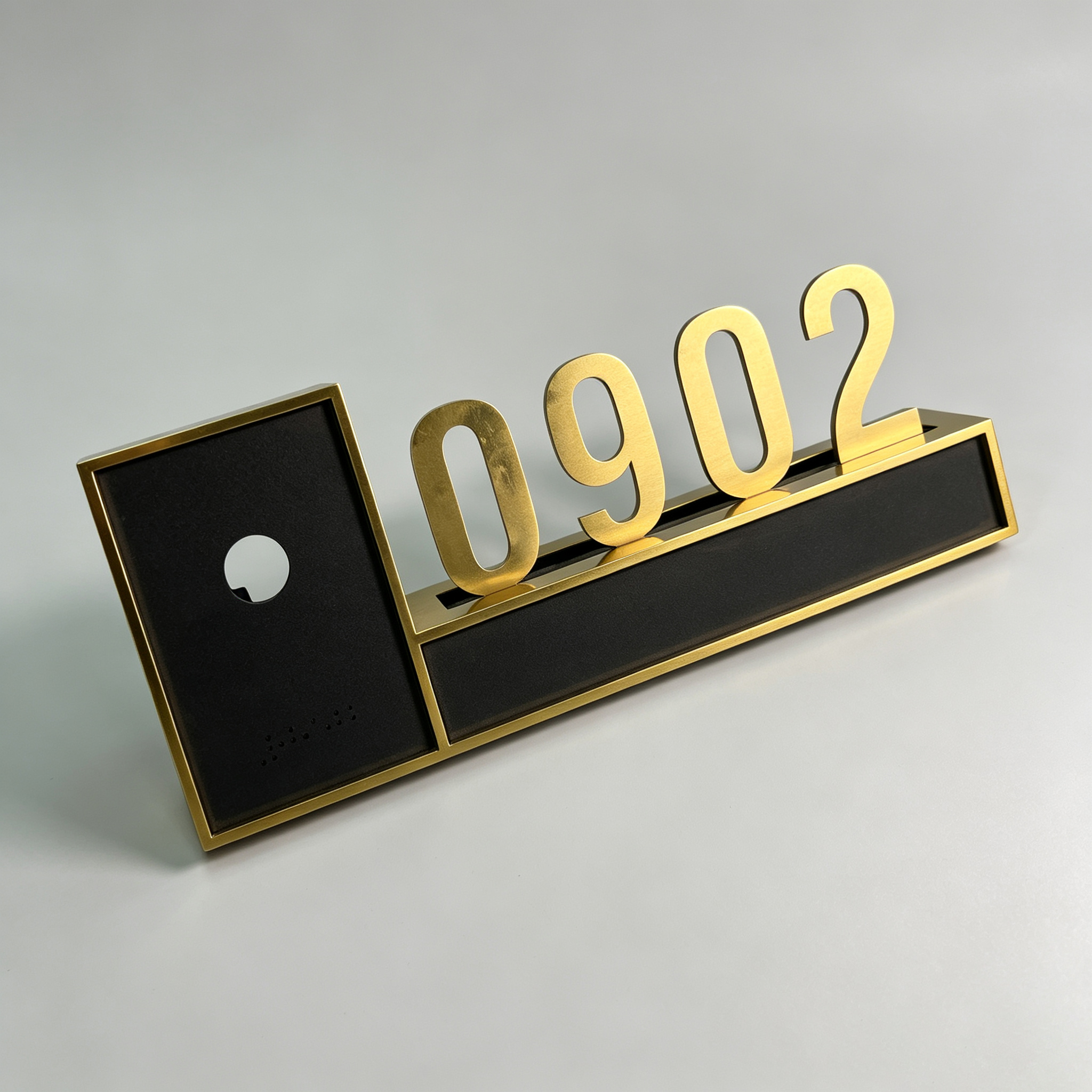 Gold Black Framed Hotel Room Number Sign With Doorbell Hole & Braille