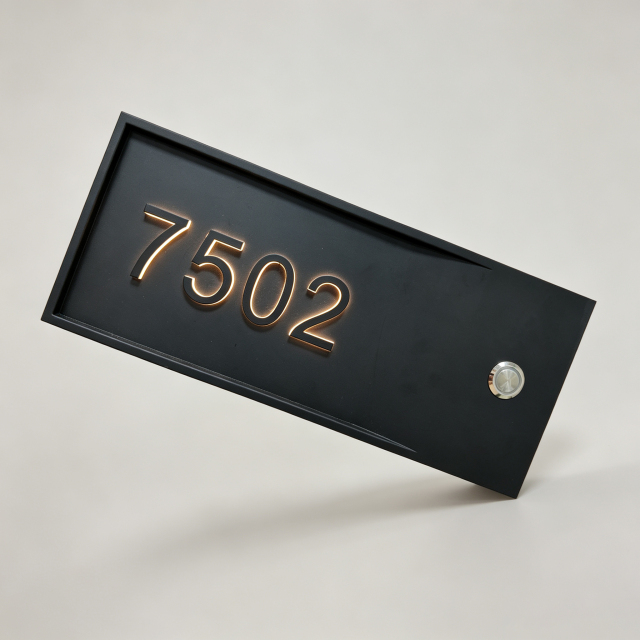 Stainless steel raised Braille hotel room doorplate with smart bell