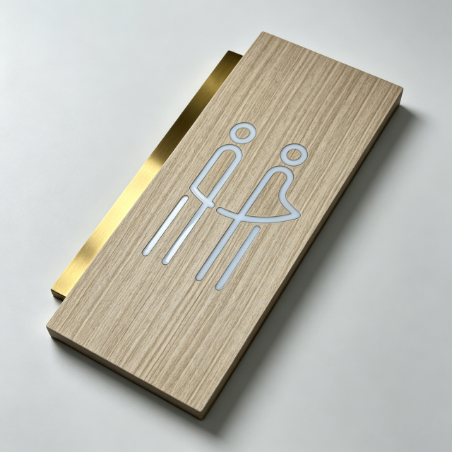 Vertical Wood Look Toilet Door Sign with Raised White Pictogram Icons