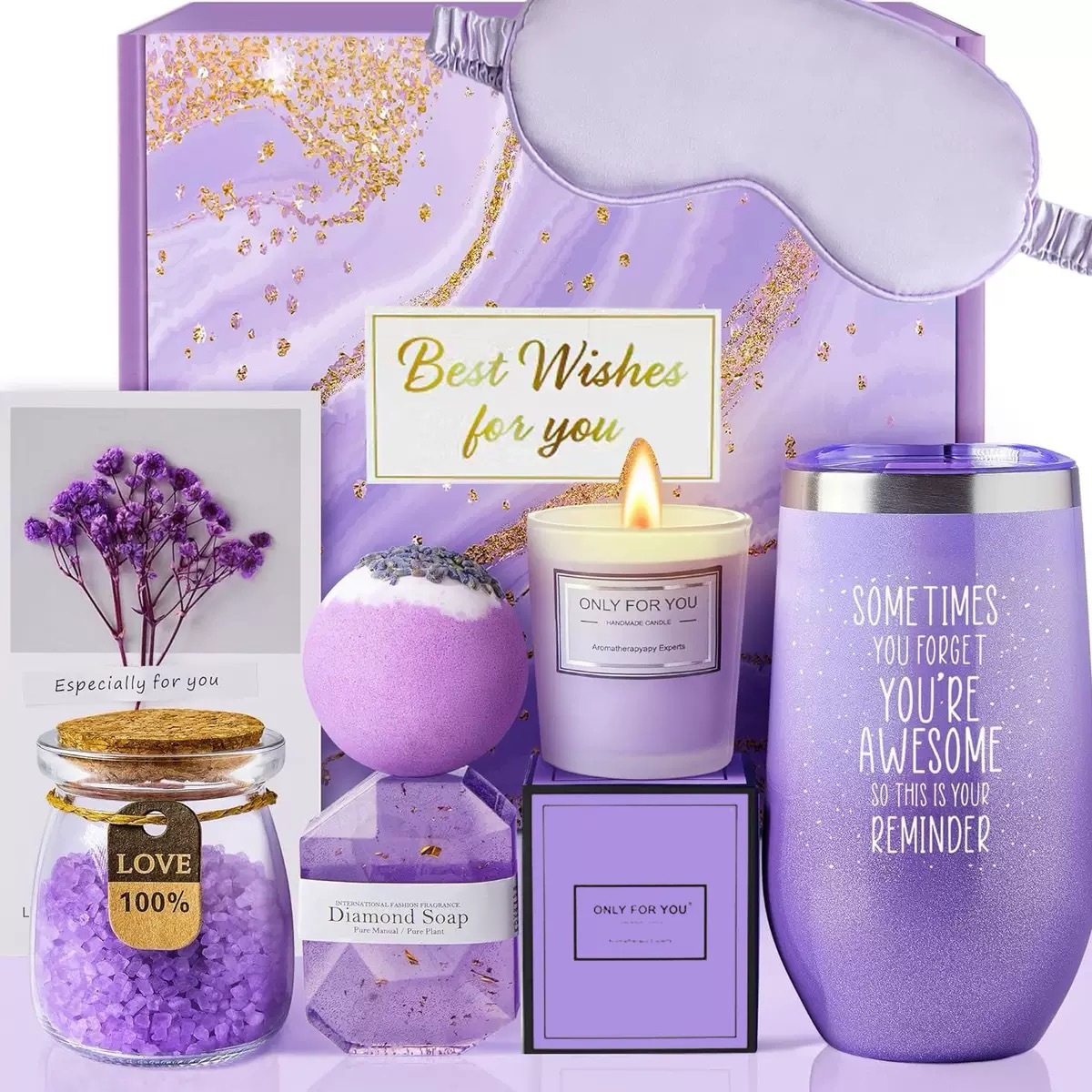 Set de regalo aromático color morado – Kit spa con vela, sales y taza térmica