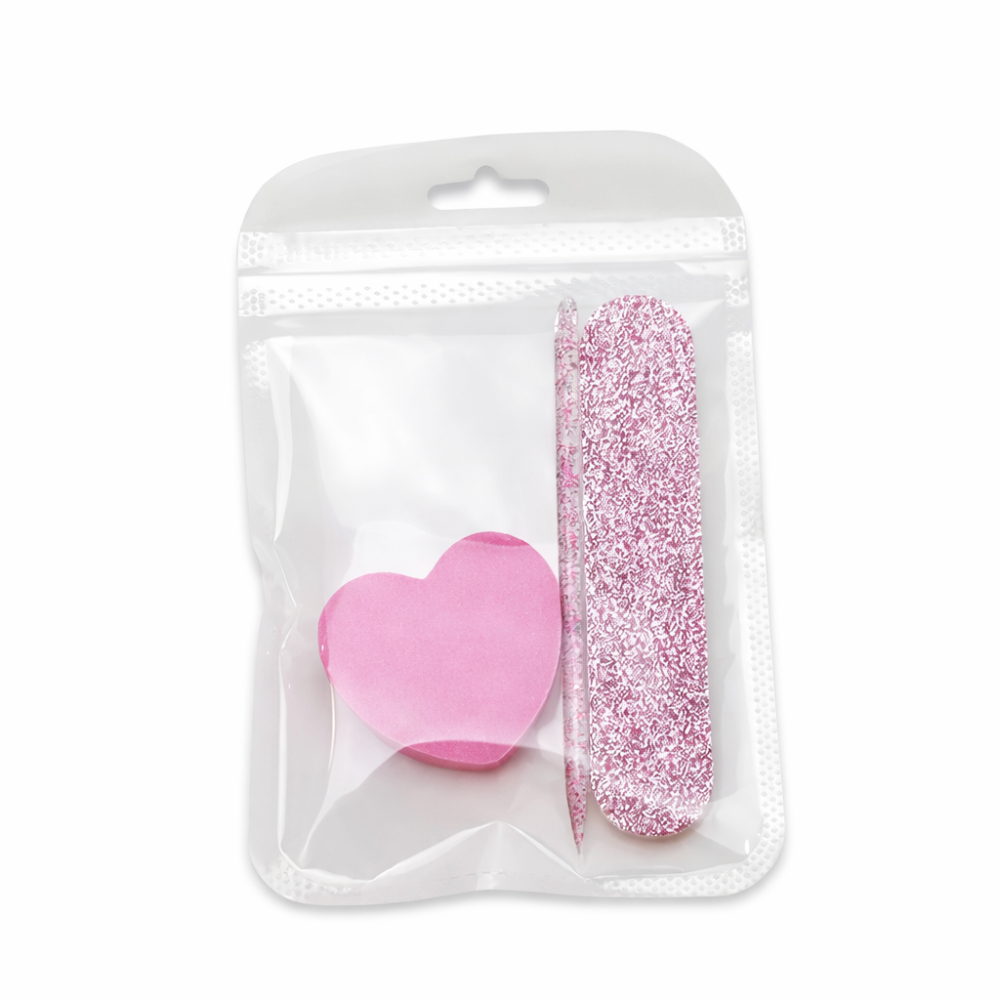 Kit Lima de Uñas + Esponja Corazón Rosa Nail Art /Paquete con 12 piezas