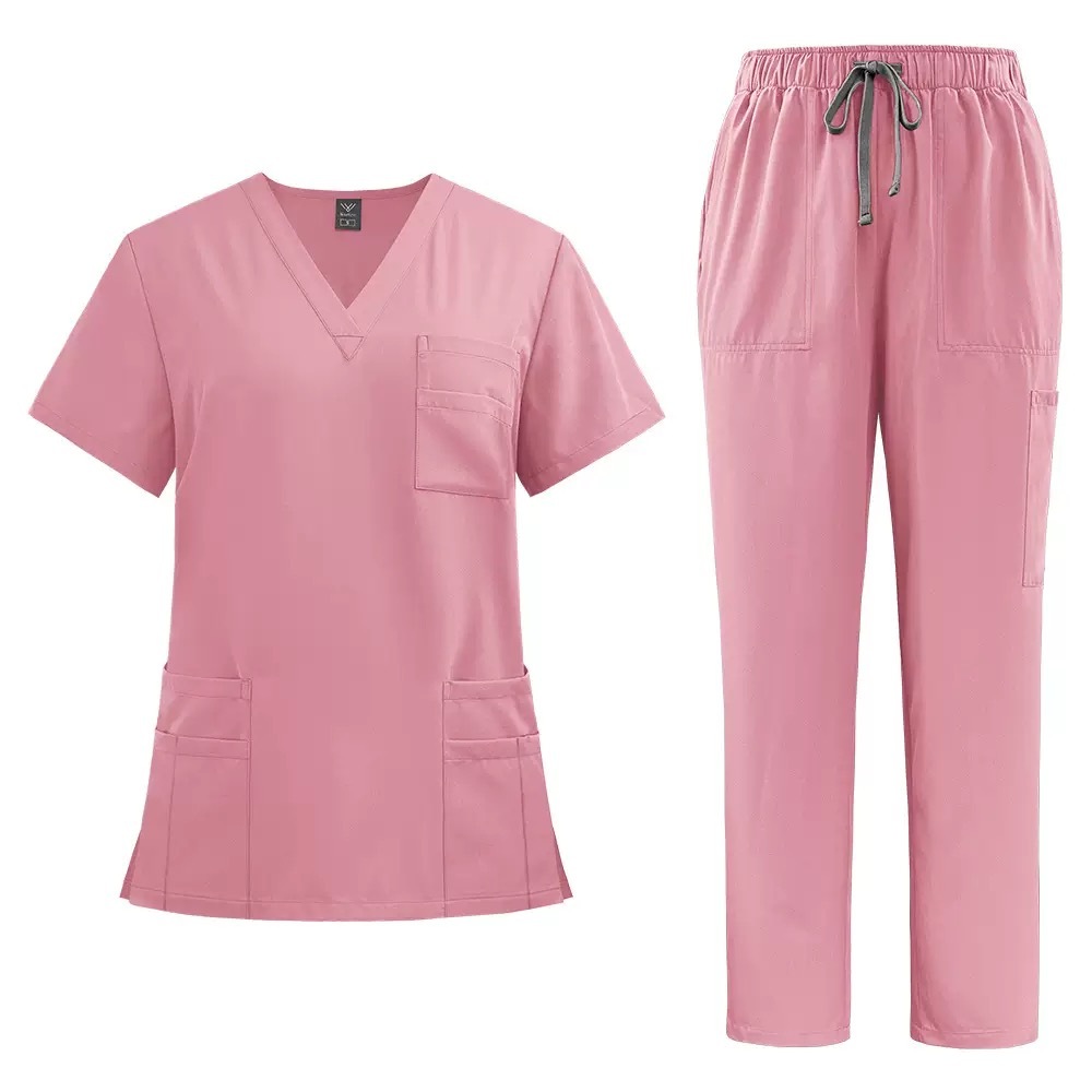 Uniforme cómodo y profesional – Conjunto de enfermería para clínica, spa y estética (negro/rosa)