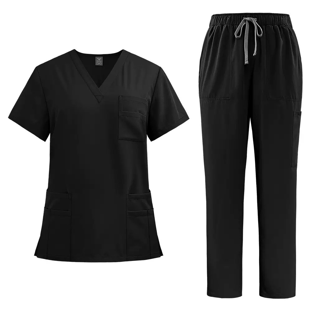 Uniforme cómodo y profesional – Conjunto de enfermería para clínica, spa y estética (negro/rosa)