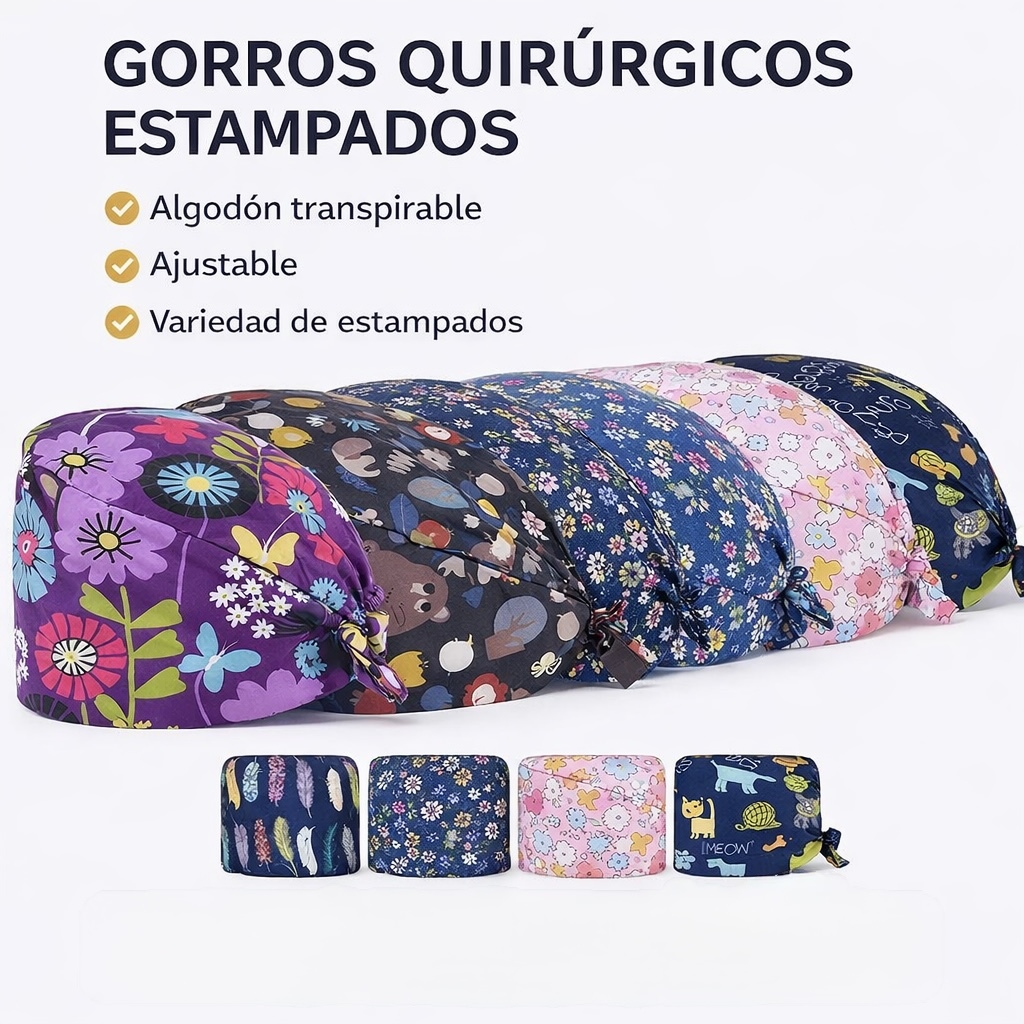 Gorro Quirúrgico Estampado – Ajustable y Transpirable /Paquete con 12 piezas