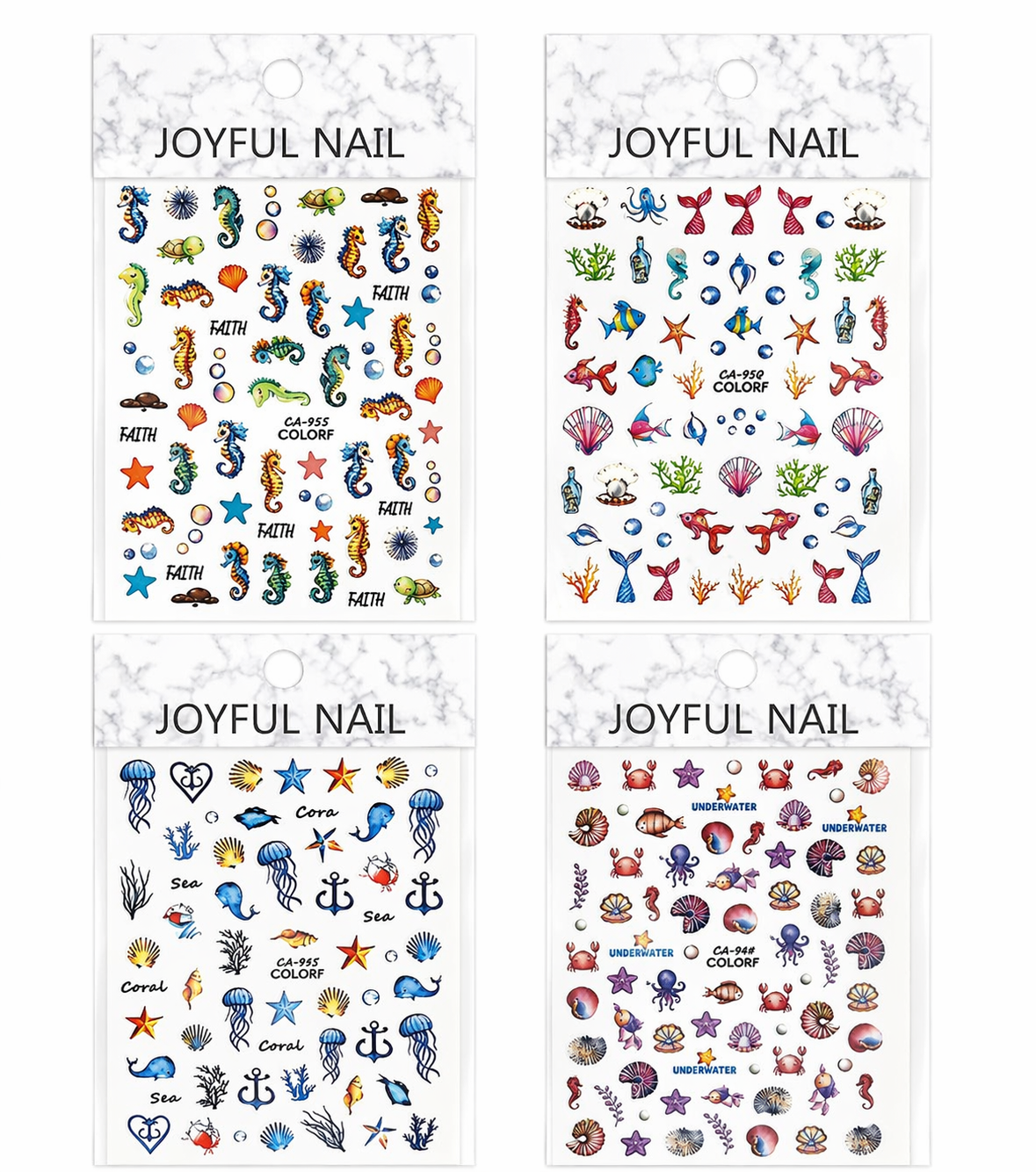 Stickers uñas marinos conchas, caballito de mar, coral /Paquete con 12 piezas