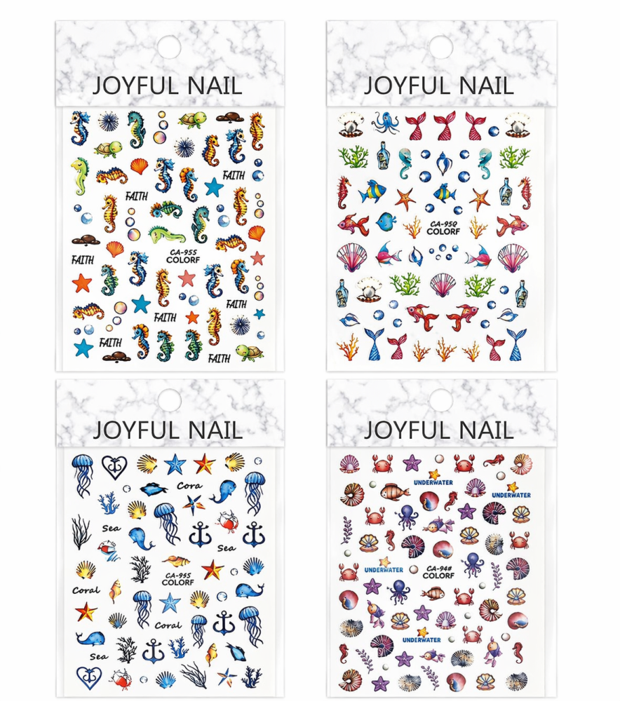 Stickers uñas marinos conchas, caballito de mar, coral /Paquete con 12 piezas