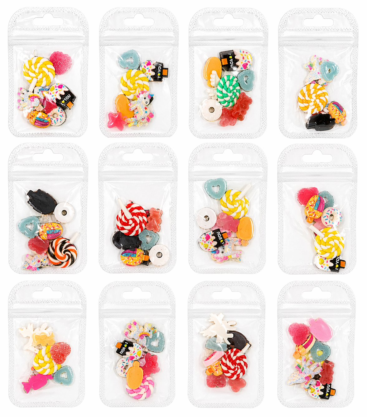 Set Decoración Uñas Charms 3D 12 Modelos – Mix Dulces /Paquete de 12 bolsas con 20 piezas
