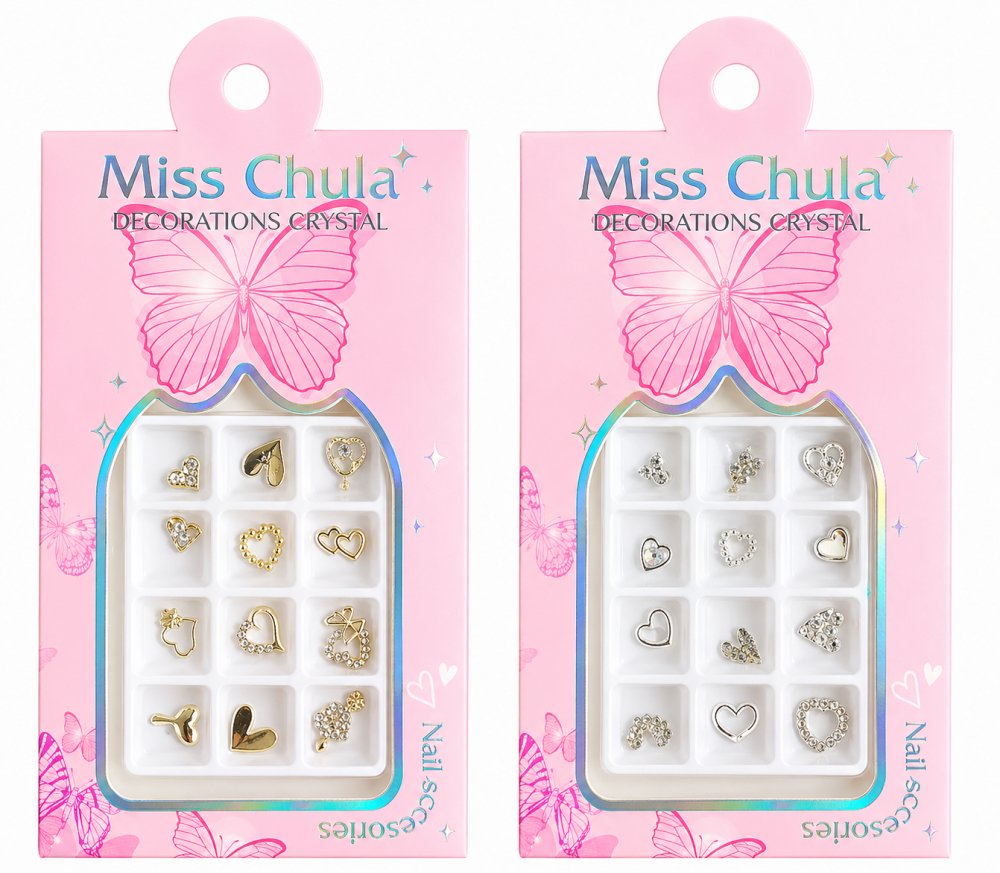 Decoración de Uñas Corazones Metálicos y Cristal /Paquete con 12 piezas