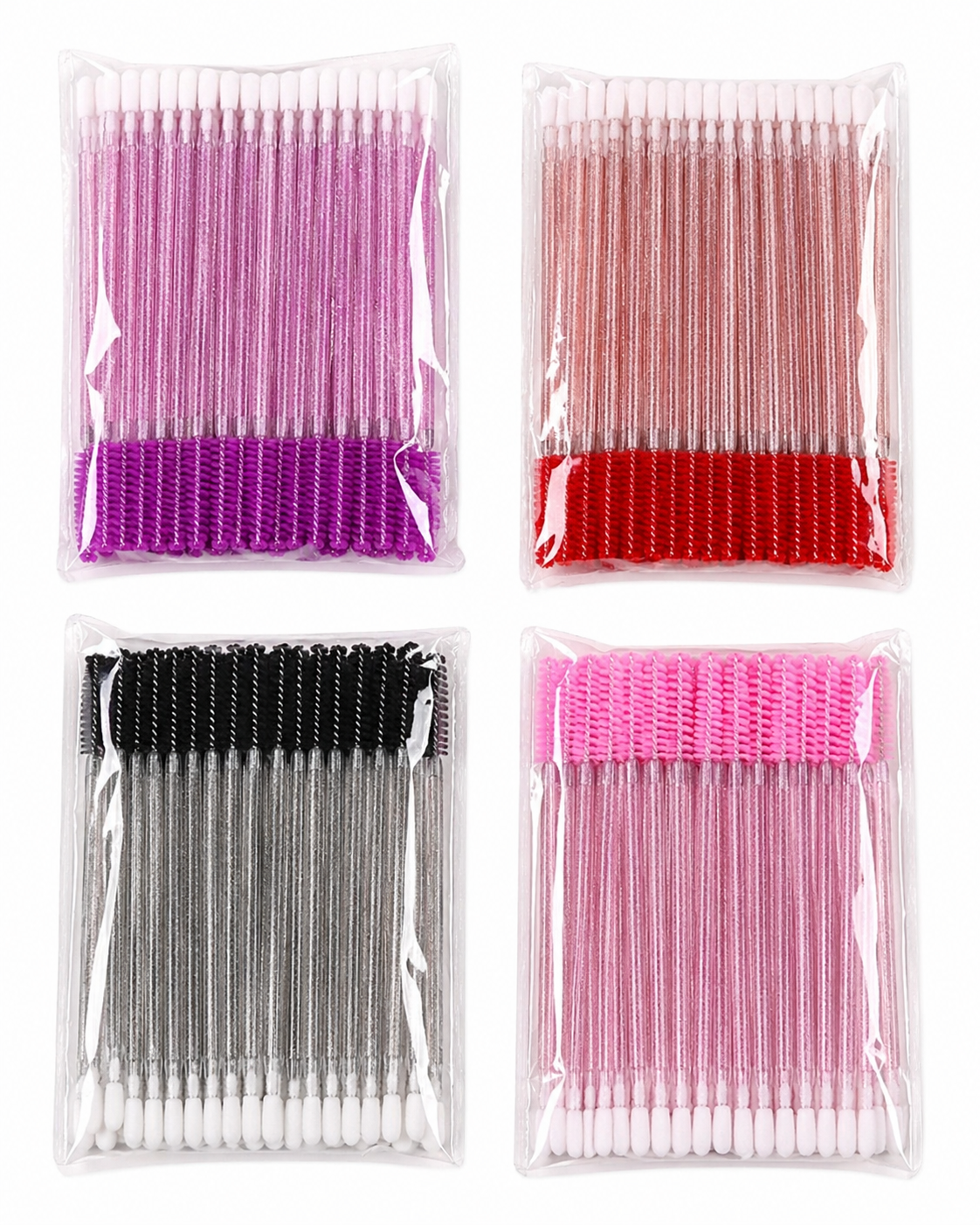 Cepillos Doble uso desechables para pestañas con mango brillante /Paquete de 12 bolsitas con 50 piezas
